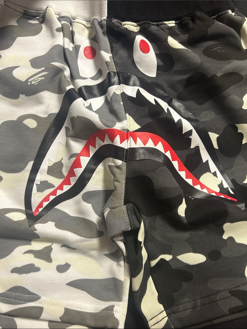 A Bathing Ape Camo Shorts - Black, Gray, White, and Red